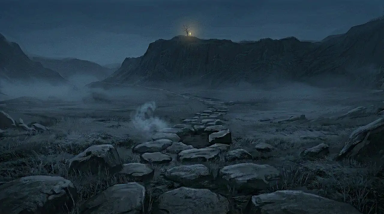 A solitary figure follows a path through a dark valley toward a warm light beneath a tree.
