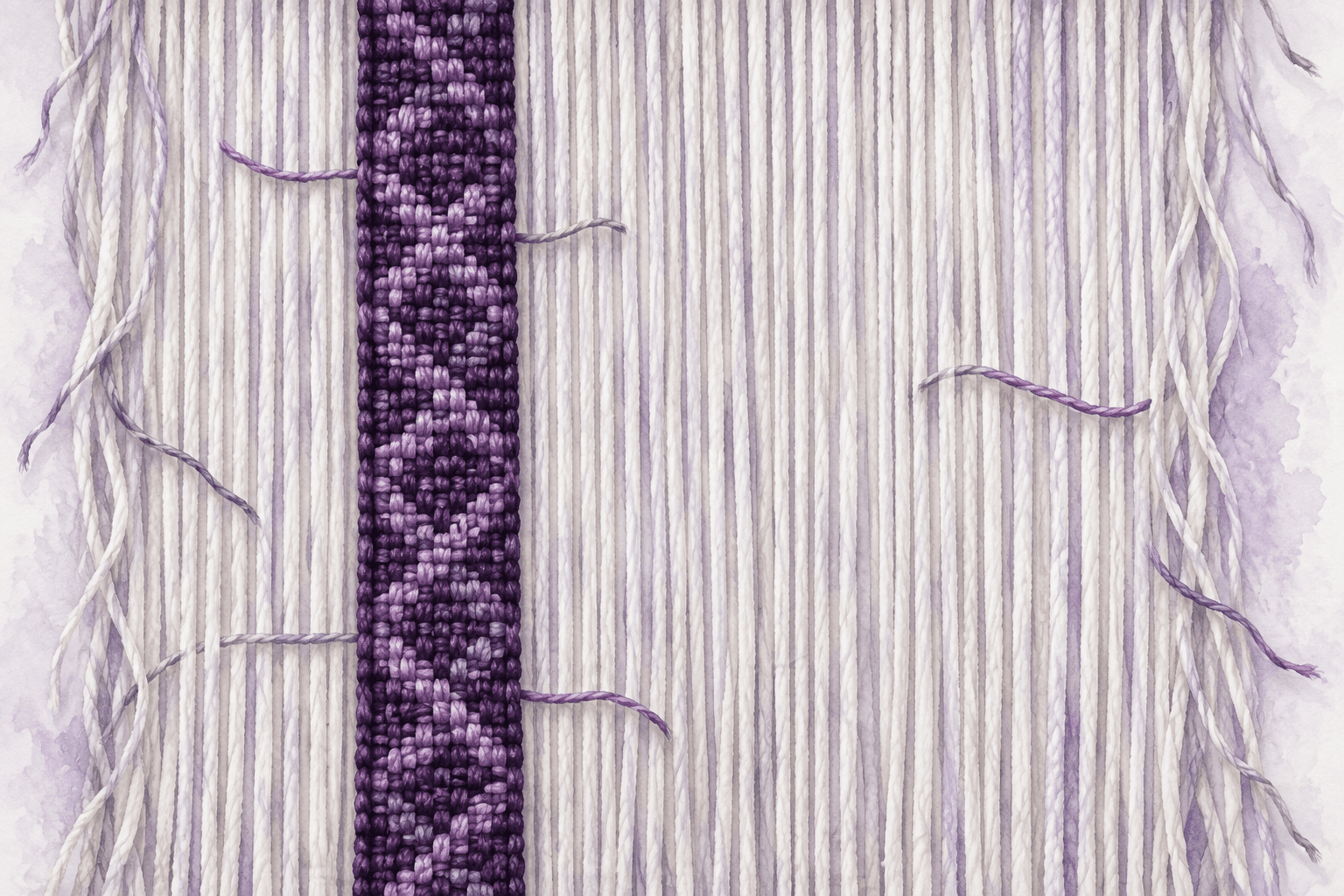 A finished violet woven band spans a wider field of loose threads
