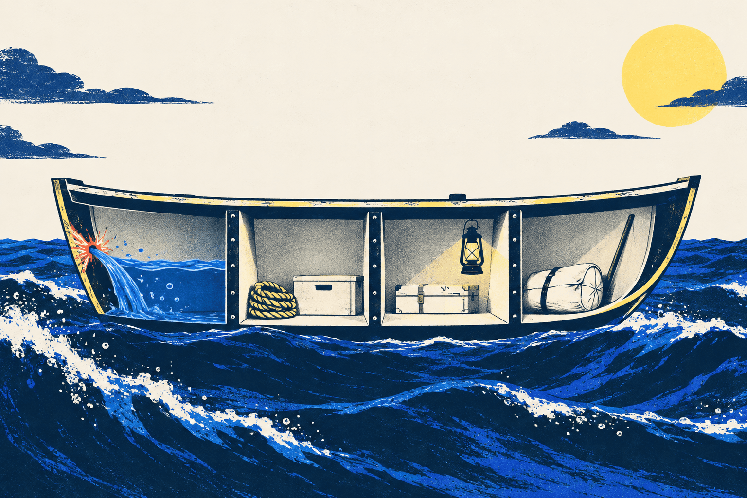 A cutaway boat stays afloat with one flooded compartment and the remaining compartments dry