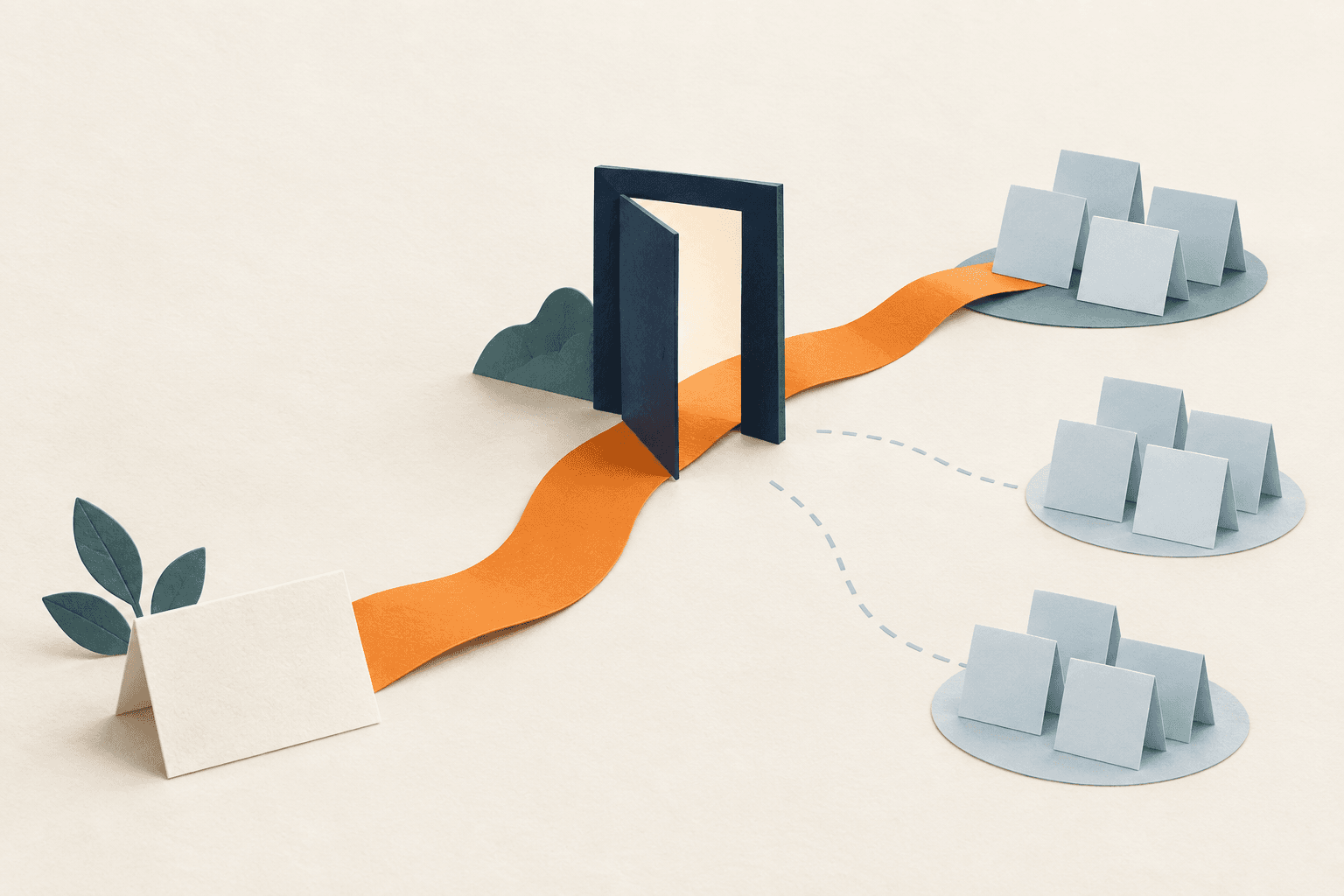 A folded orange paper path passes through an open doorway toward one group of blank cards, with two alternative routes left unexplored