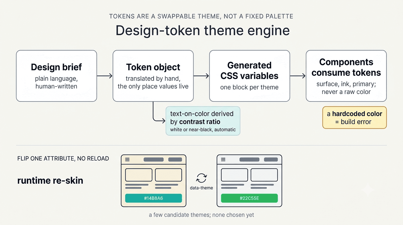 Diagram: the theme engine. A plain-language design brief becomes a structured token object, a generator emits CSS variables, components consume semantic tokens, and flipping one attribute re-skins every app live with no reload. Text-on-color is derived by contrast ratio.