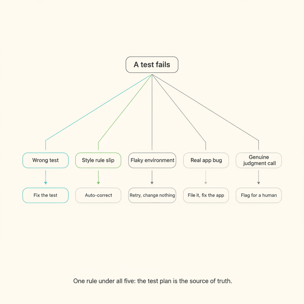 Flowchart: one failing test sorted into five outcomes, each with its own rule