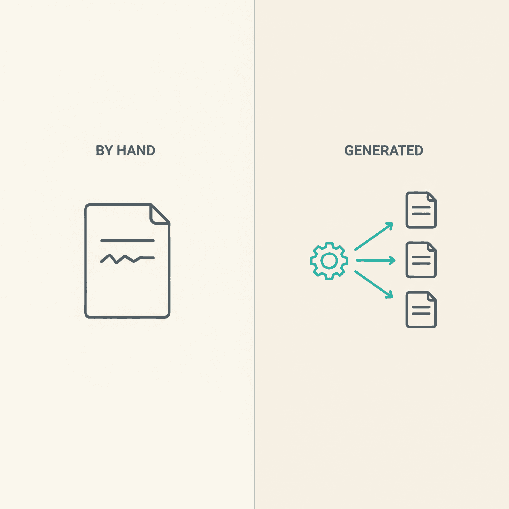 Comparison: a hand-drawn plan redone from scratch each milestone on the left, a generated plan with orchestrator and worker prompts on the right