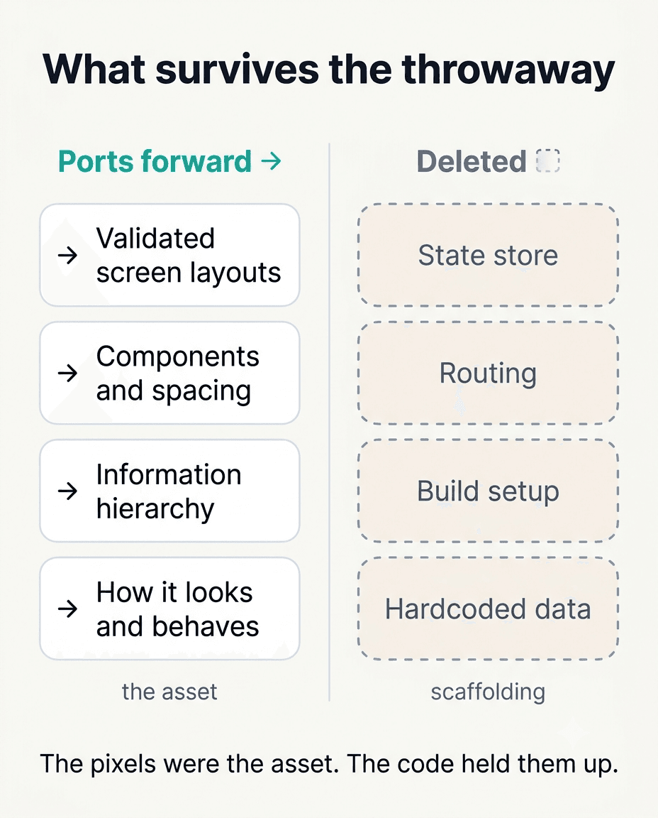 Comparison: two columns. The left column, "Ports forward," lists the validated visual layer, screen layouts, components, information hierarchy. The right column, "Deleted," lists the state store, routing, build setup, and hardcoded data, labeled as scaffolding