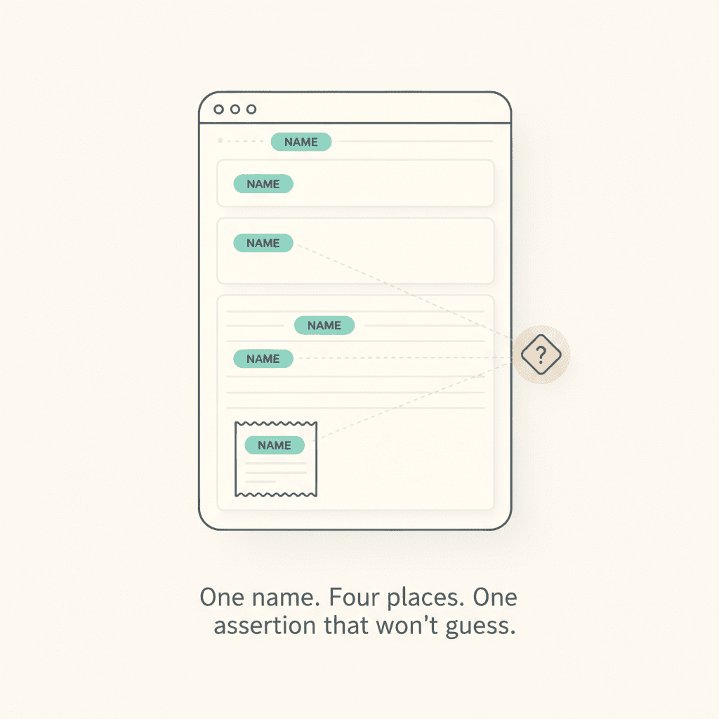 Diagram: one name rendering in four places on a screen at once, converging on a single ambiguous match.