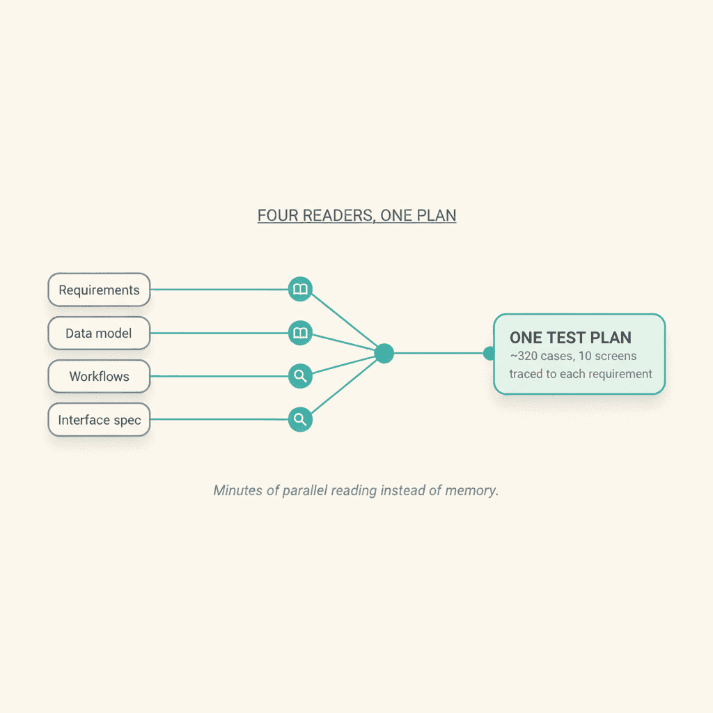 Diagram: specs feed four parallel AI readers, which converge into one test plan