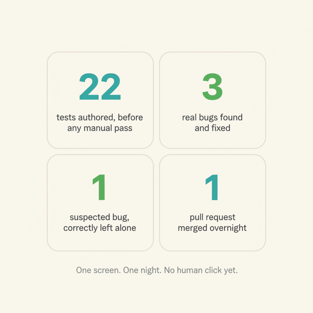 KPI cards: 22 tests authored, 3 real bugs fixed, 1 suspect correctly left alone, 1 PR merged overnight