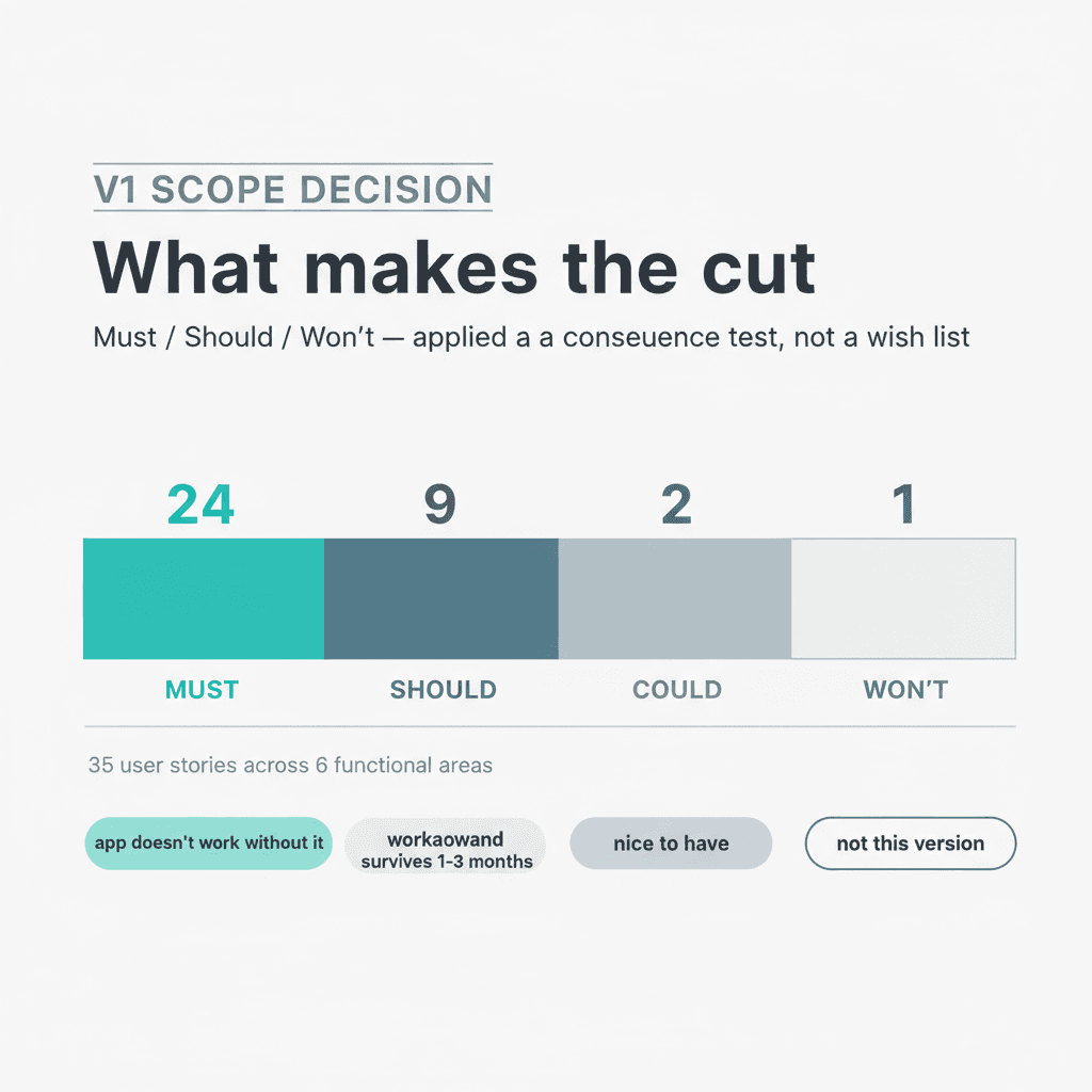 Hero: a stacked bar showing 24 Must, 9 Should, 2 Could, 1 Won't across 35 user stories