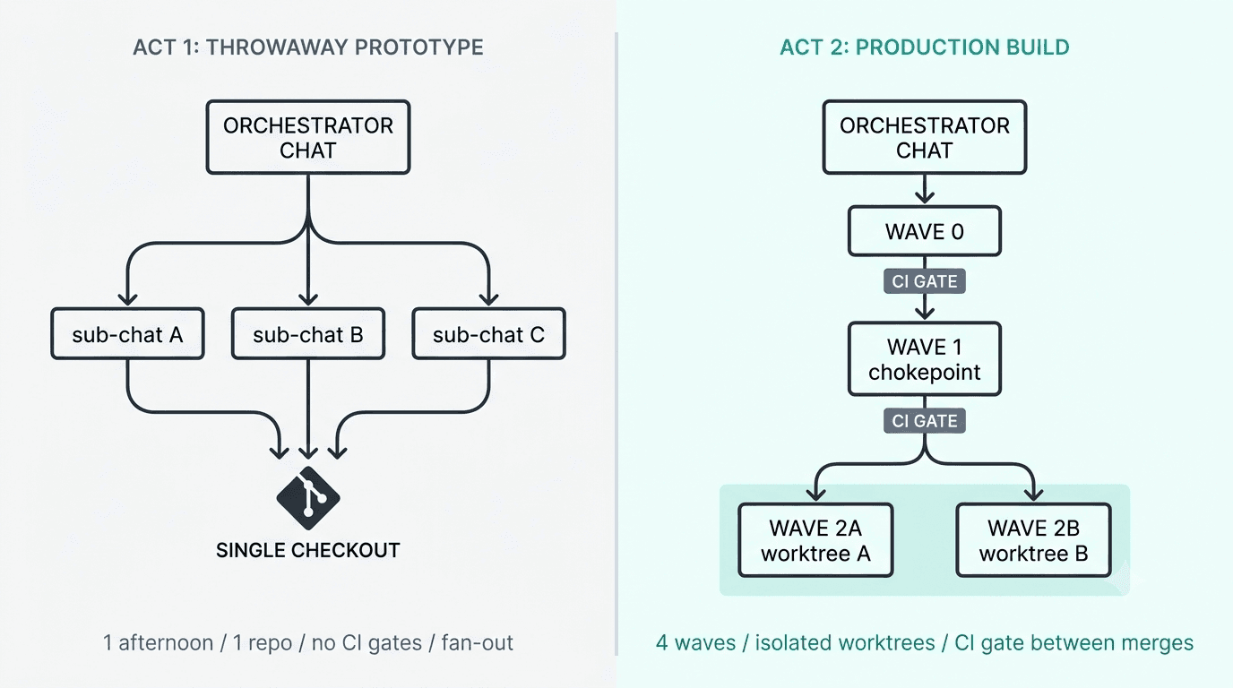 Comparison: Act 1 throwaway prototype sub-chats (single checkout, fan-out, no CI gates) vs Act 2 production wave orchestration (isolated worktrees, dependency-ordered waves, CI gate between each merge)